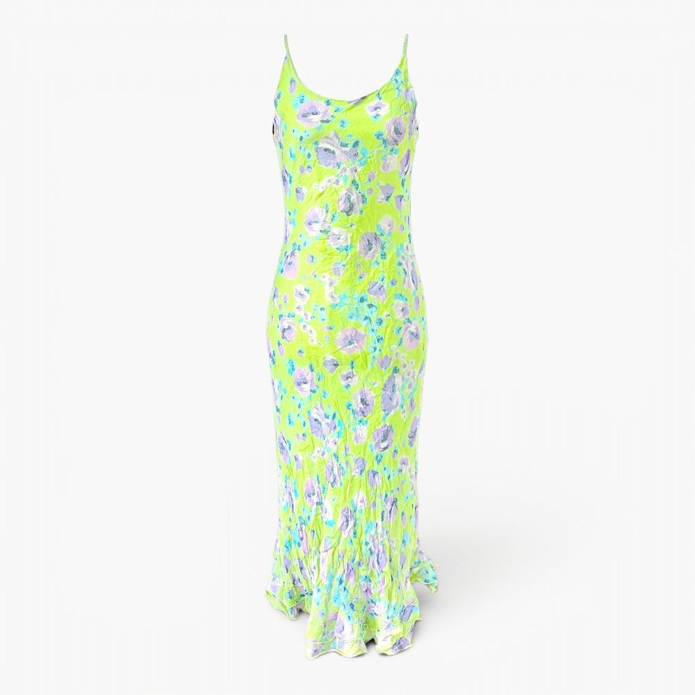 Euro Silk Midi Dress Green Floral Fairycore - Size Small